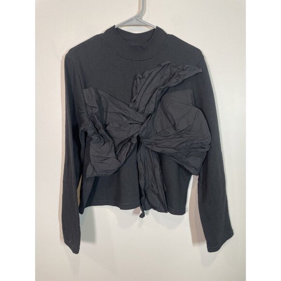 Zara Black Long Sleeve Knot Front Top Women's Size L Crew Neck Minimalist - Picture 1 of 7